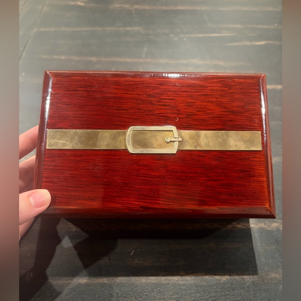 Vintage Belted Cherry Wood Jewelry Box